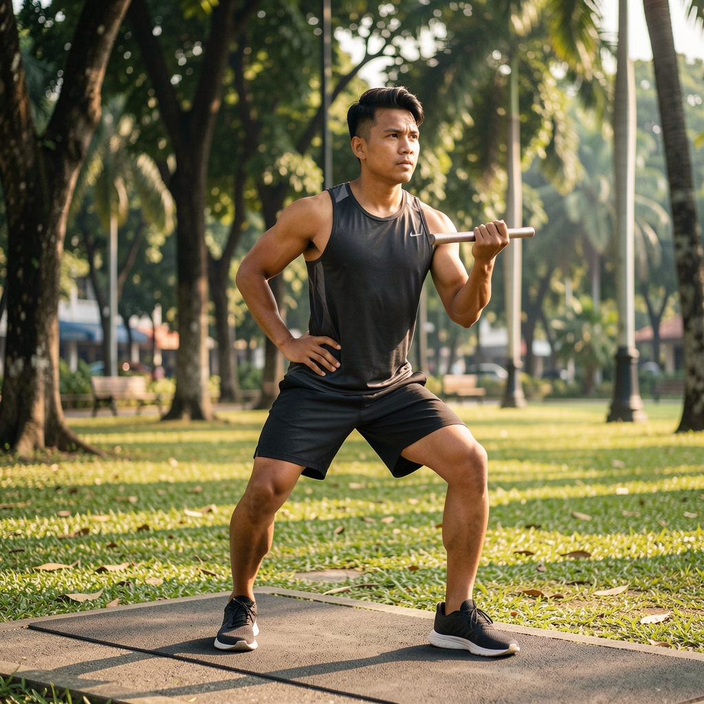 Man in athletic clothing performing a morning outdoor workout in a Jakarta park, natural light, editorial composition