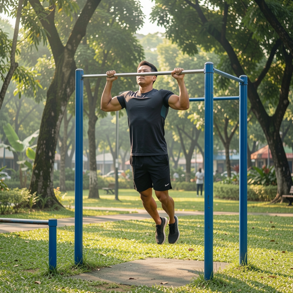 Man performing pull-ups on an outdoor frame in a green Jakarta park, body weight training, morning exercise