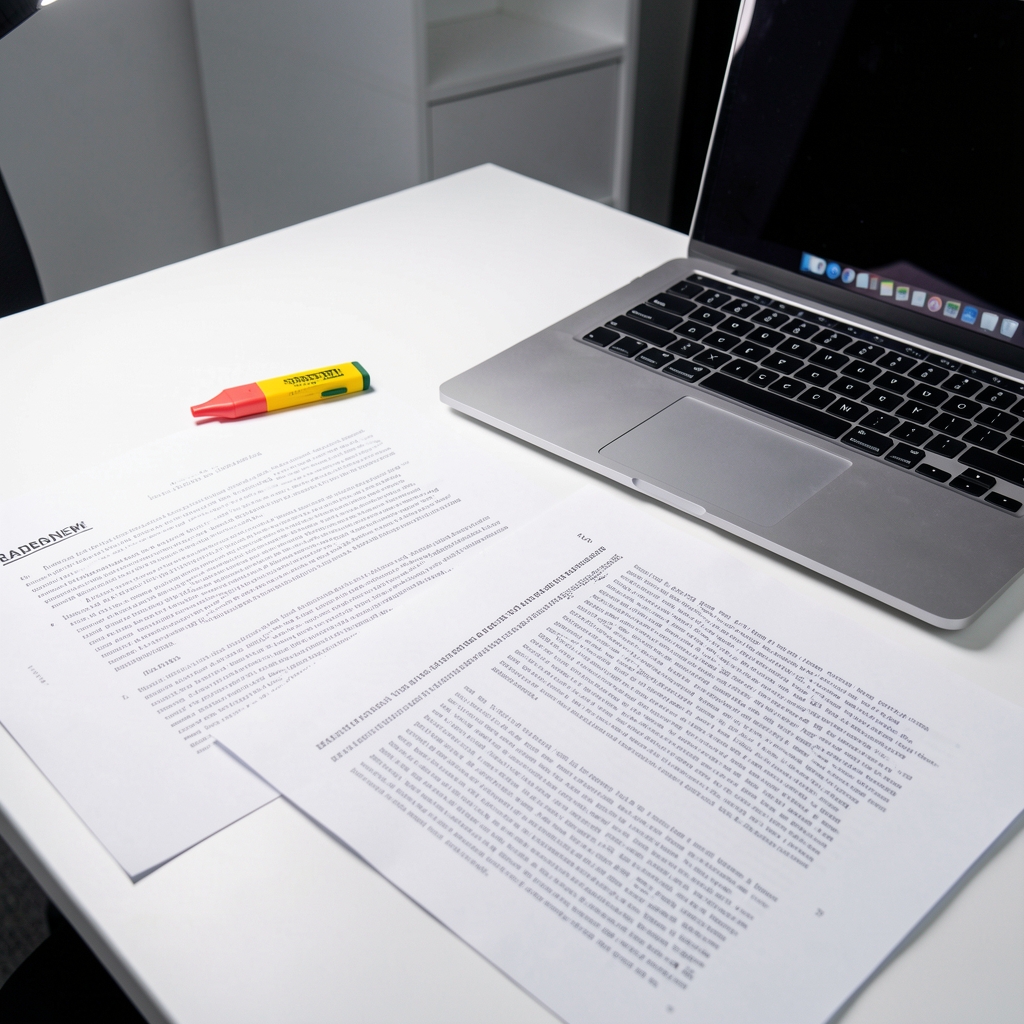 Research documents spread on a white desk under controlled studio lighting, with a laptop and highlighter — literature review process at the Raldona editorial office