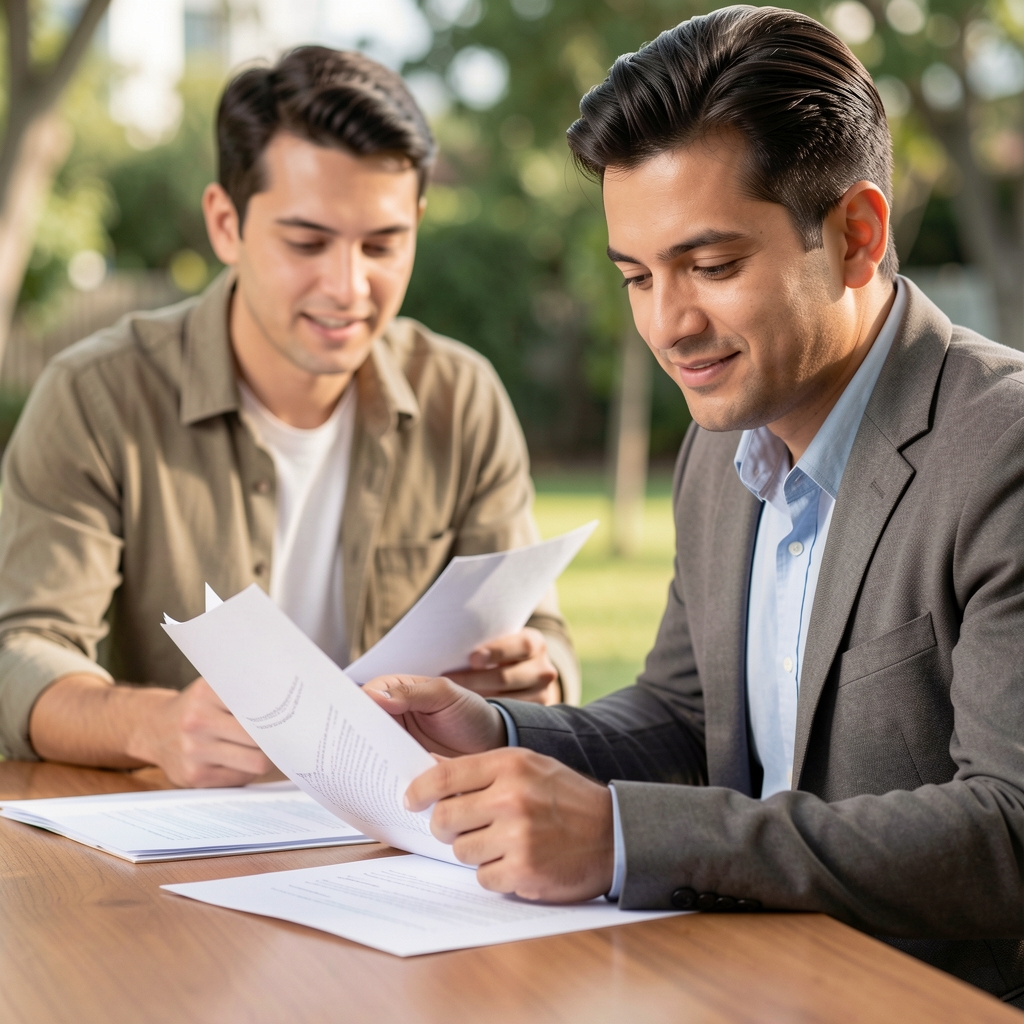 Two editorial team members reviewing printed research side by side at a long desk, cross-referencing documents, bright controlled studio lighting