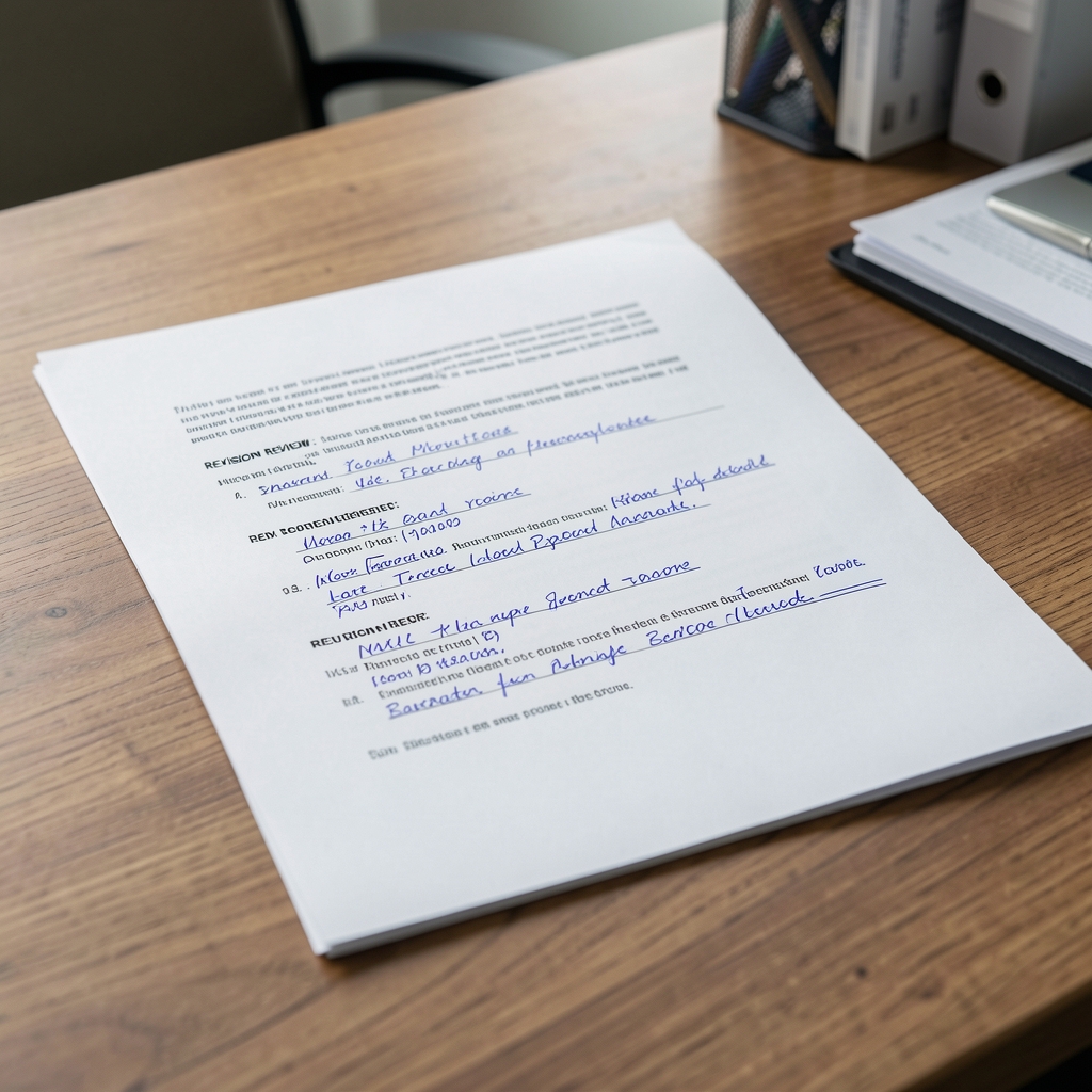Close-up of a printed editorial review sheet with revision notes and annotations in blue pen, on a wooden desk at the Raldona office