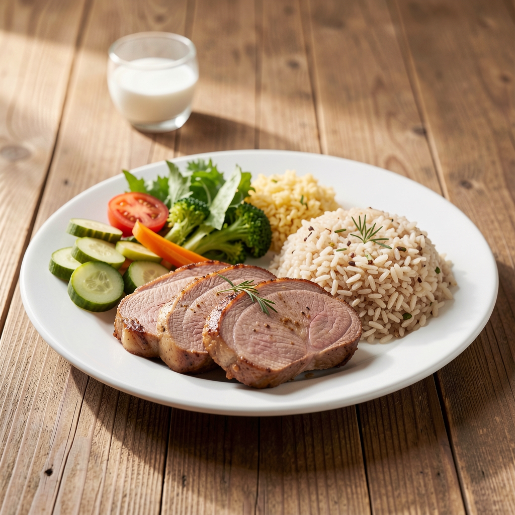 Well-composed meal featuring lean protein, whole grains, and fresh vegetables on a wooden surface, natural light