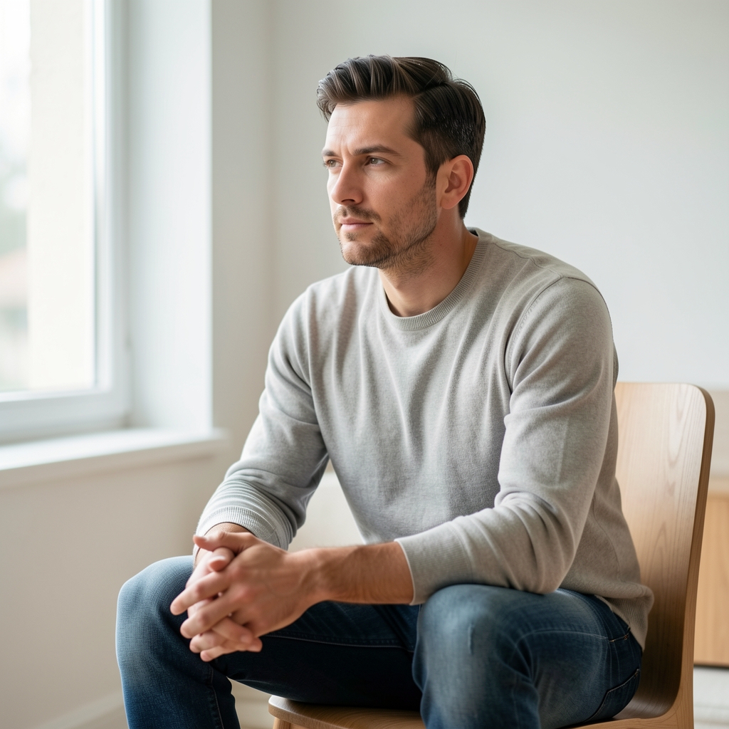 Man seated quietly in a clean, naturally lit room, hands resting, reflecting a composed, low-stress environment