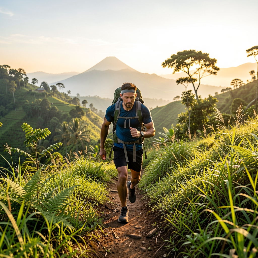 Man hiking a green hillside trail in Indonesia at golden hour, movement, endurance, outdoor fitness