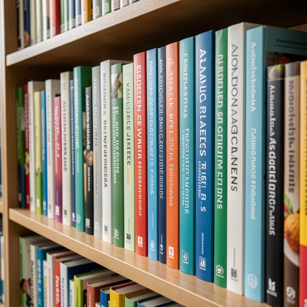 Close-up of a reference library shelf in the Raldona editorial studio, spines of fitness and nutrition research publications visible